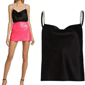 NWT Alice + Olivia Harmon Crystal Strap Tank Top Black Cowl Neck Silver Chain L